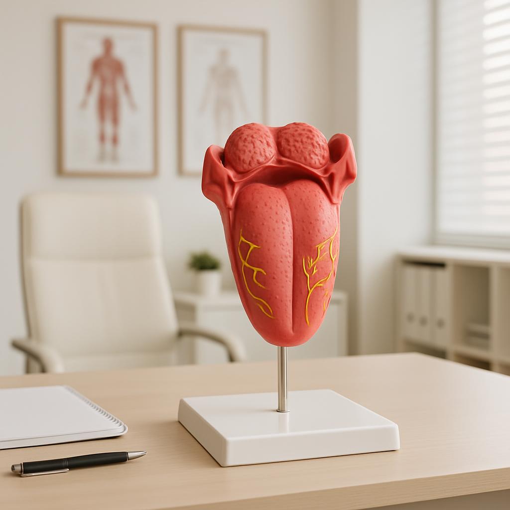 A model of the human tongue is shown on a desk in a bright, white room.