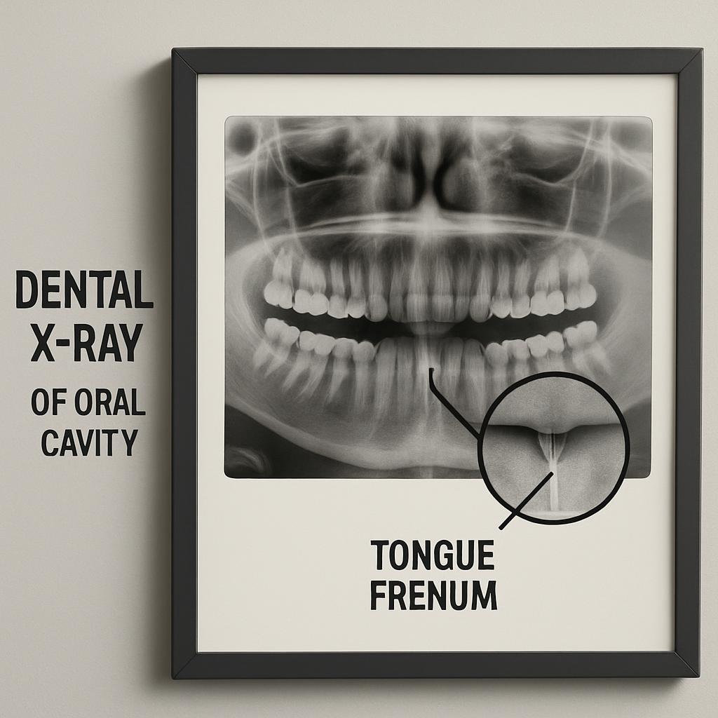 X-ray of the mouth showing the tongue frenulum, a fibrous band of tissue connecting the underside of the tongue to the flo...